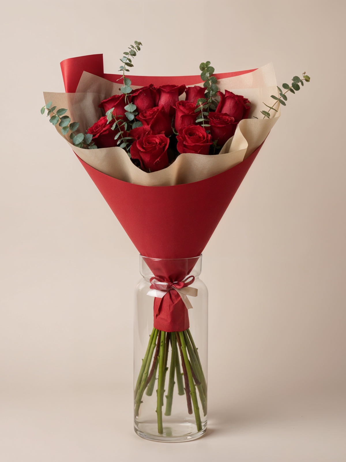 Elegant Red Roses with Eucalyptus